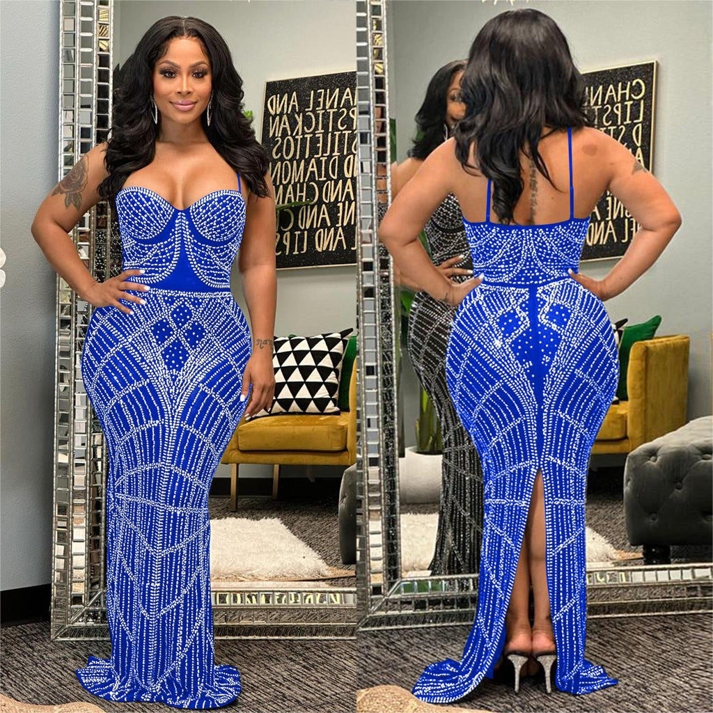Hot diamond mesh sleeveless shoulder strap long dress