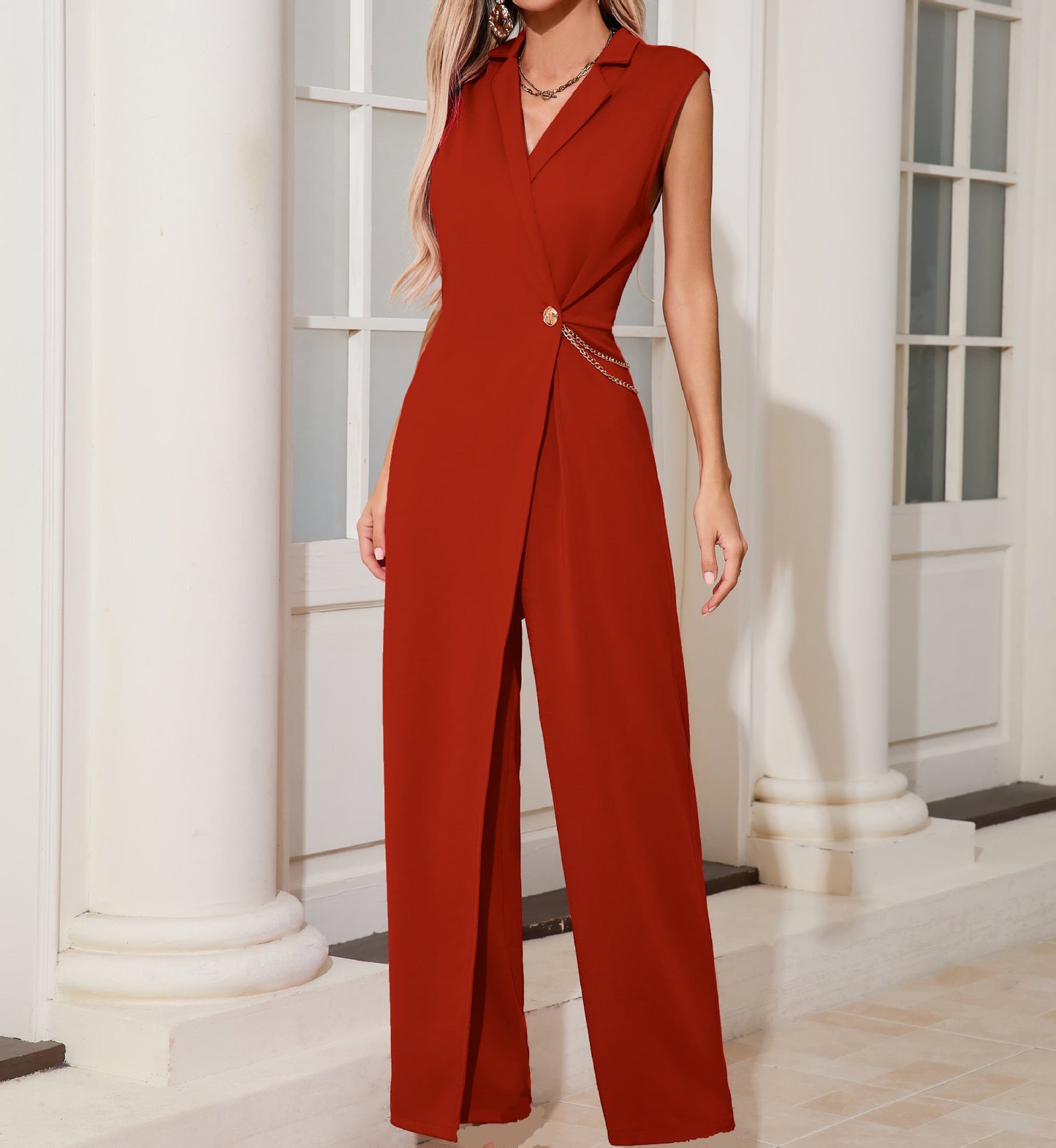 Solid Color Sleeveless Jumpsuit with Chain
