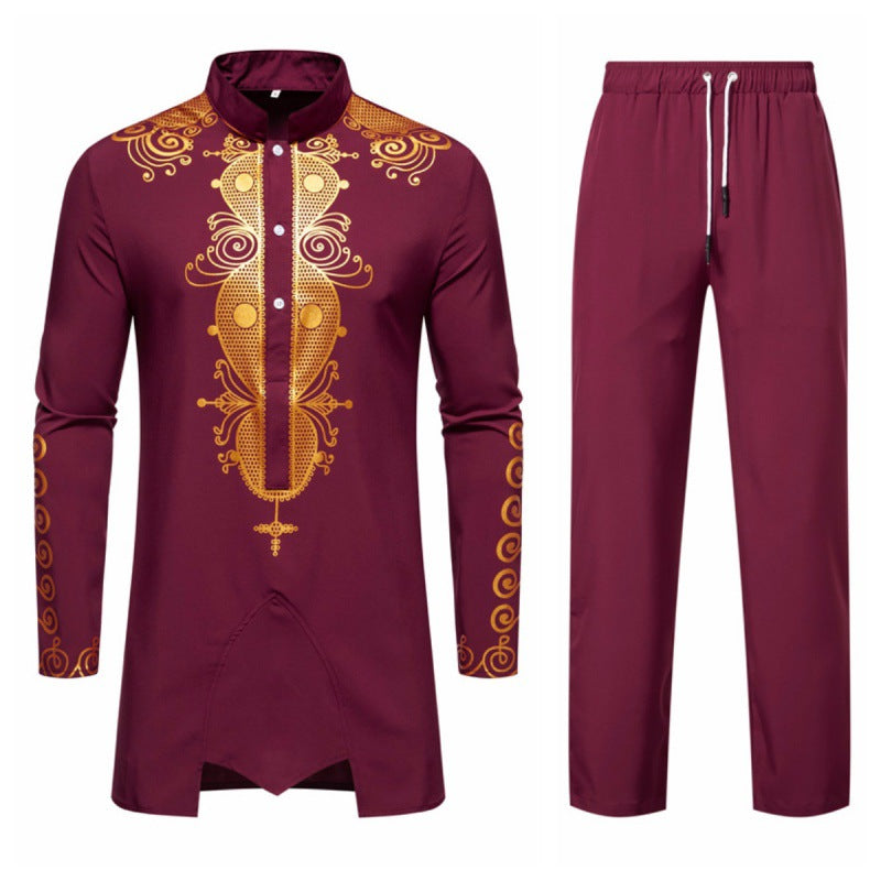 New Men's Ethnic Style  Robe Set  Bronzing Long Sleeve & Pants