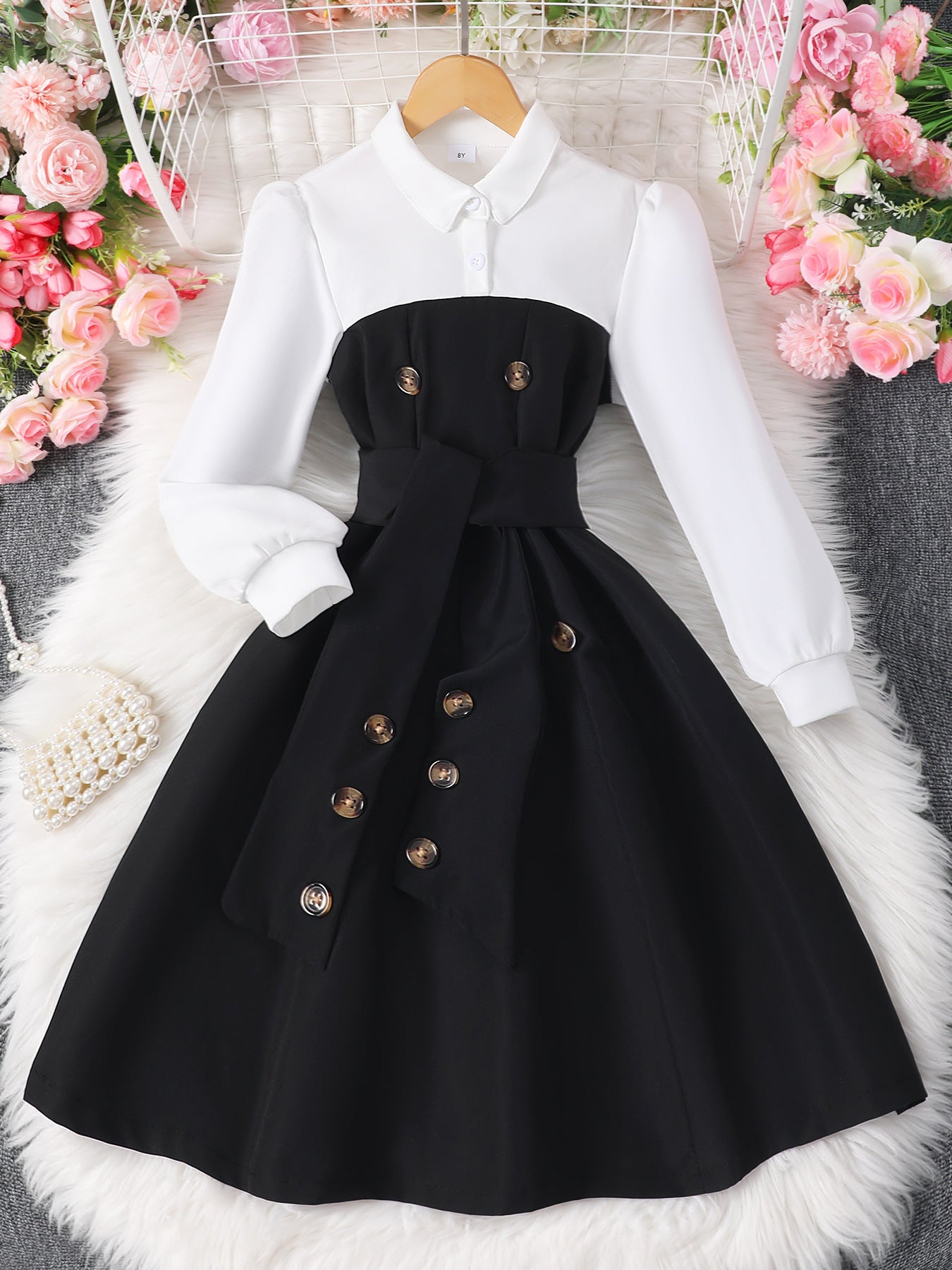 Children’s Long-Sleeve Contrast Lapel Dress