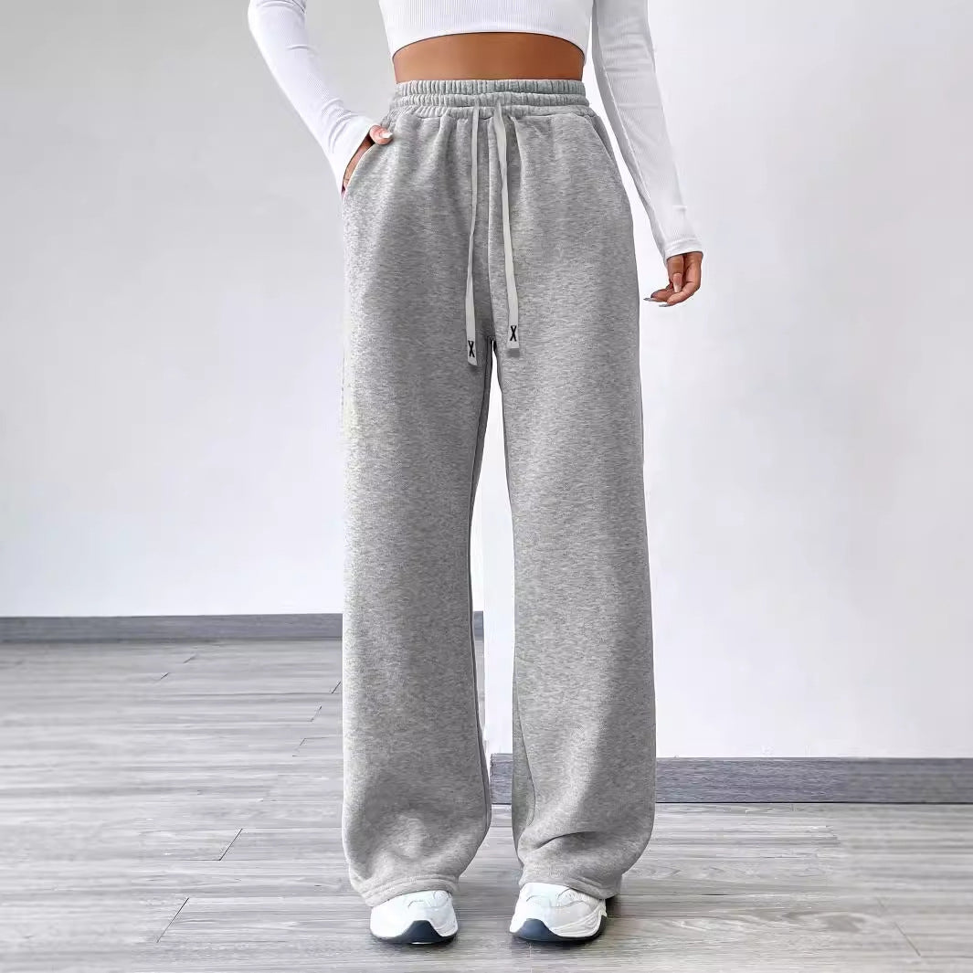 Drawstring Sweatshirt Trousers - Printed Women's Casual Wide-Leg Pants