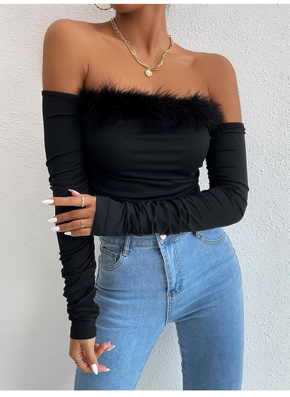 Summer long-sleeved top, straight neck, backless and off-the-shoulder top