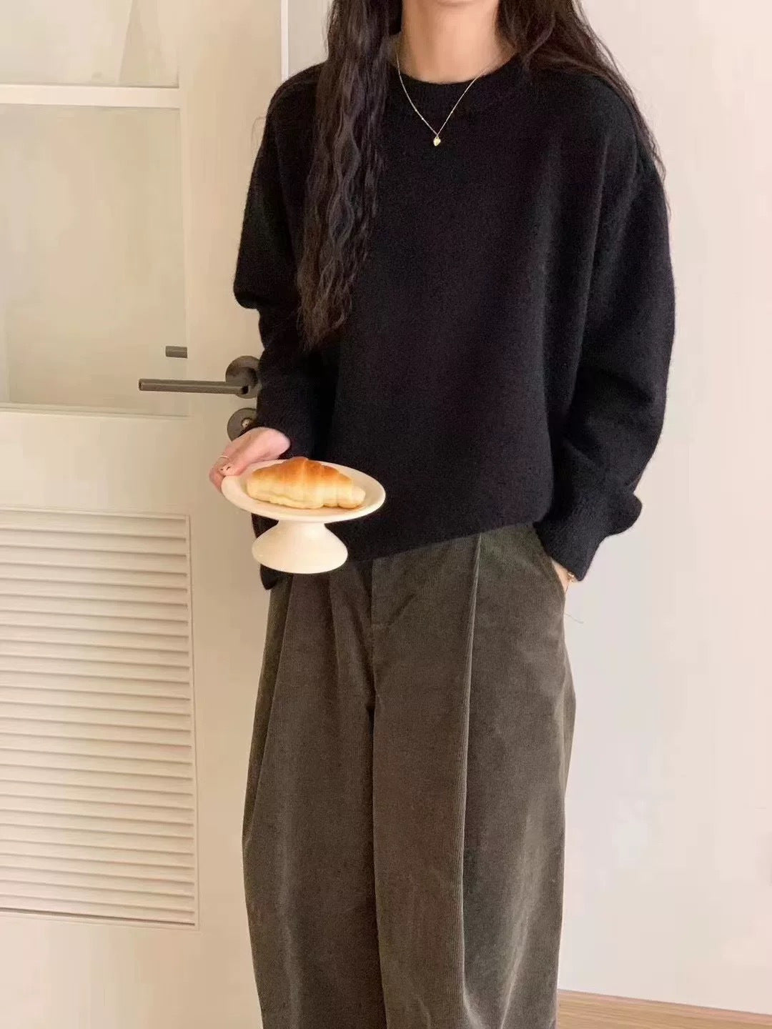 Solid Color Crew Neck Loose Knit Sweater  Casual Autumn Winter Pullover