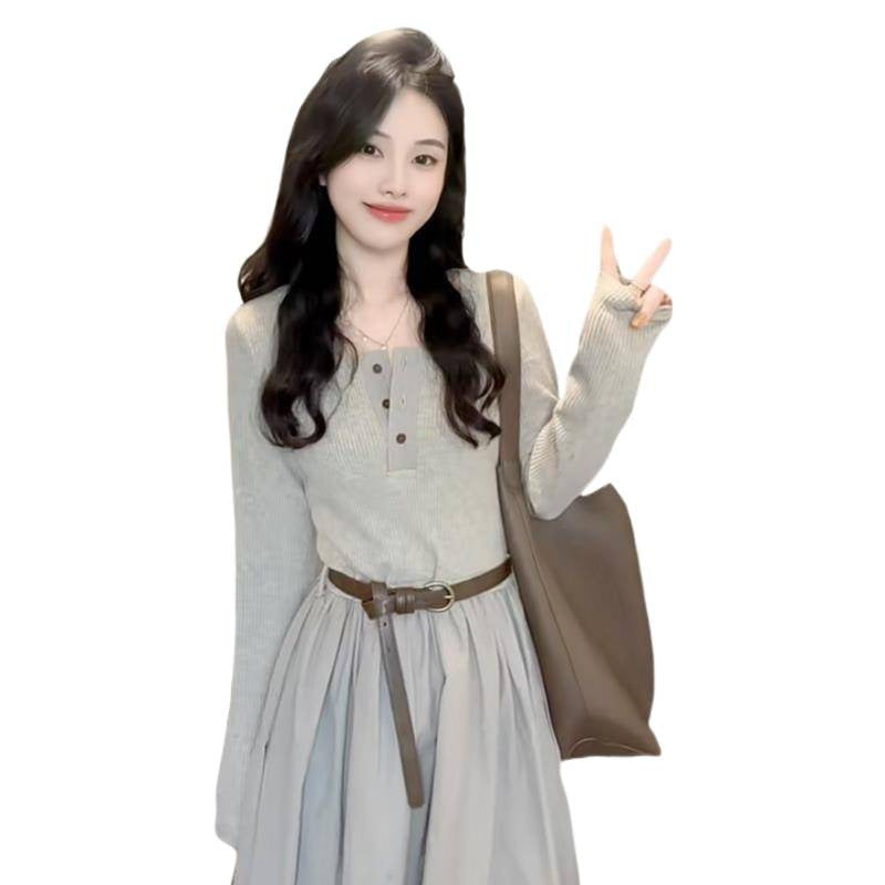 High-End French Style Long-Sleeve Dress  Autumn/Winter Elegant Square Neck Long Skirt