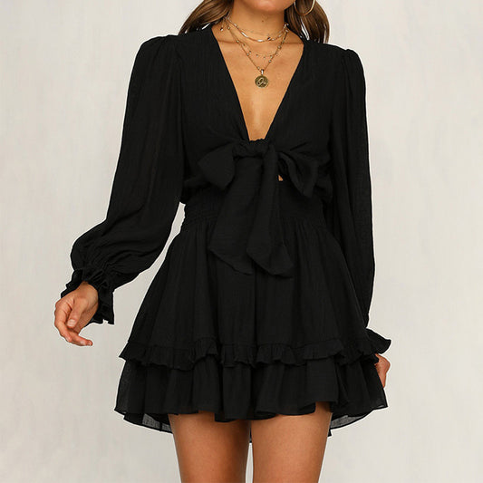 Chic Autumn V-Neck Dress: Puff Sleeve Perfection