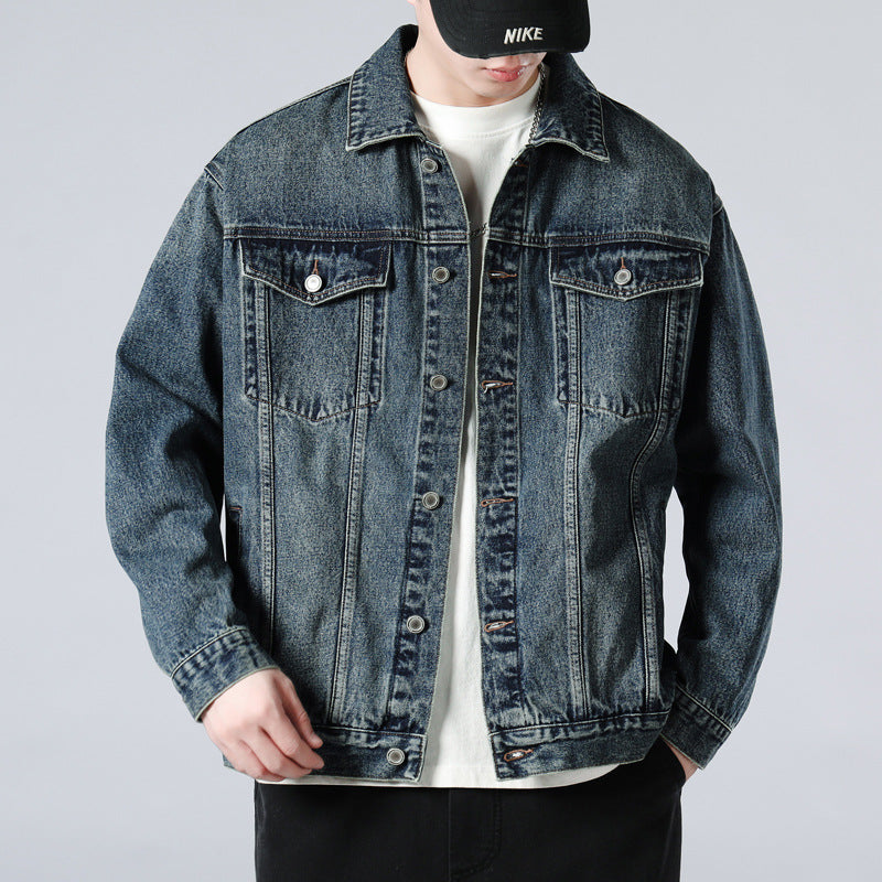 Men's Washed Denim Jacket  Loose Retro Casual Lapel Coat