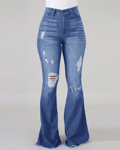 High-elastic ripped, high-waisted flared jeans