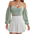 Women's crop top, off-the-shoulder elastic long sleeves - front zipper