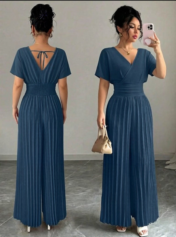 Women’s Elegant V-Neck Pleated Jumpsuit – Solid Color Waist-Cinching Short Sleeve Romper