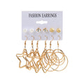 Five Pointed Star Circle Alloy Earrings with Pearl and Diamond Studs - 6 Pairs