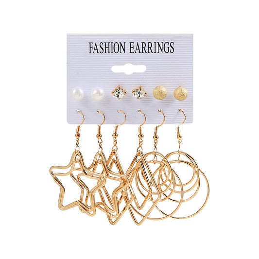 Five Pointed Star Circle Alloy Earrings with Pearl and Diamond Studs - 6 Pairs