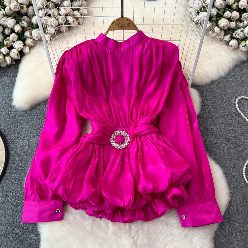 High-End Rose Pink Waist Tie Shirt