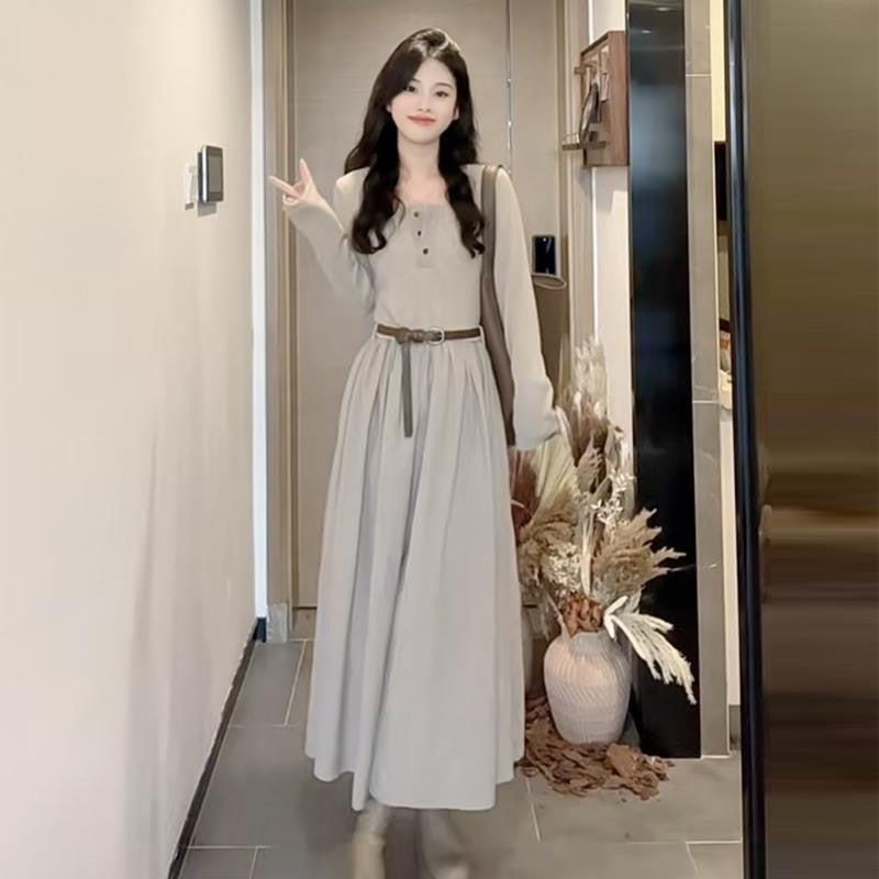 High-End French Style Long-Sleeve Dress  Autumn/Winter Elegant Square Neck Long Skirt