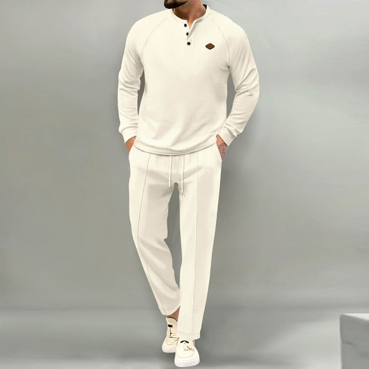 Men's Solid Color Waffle Henley Suit Set