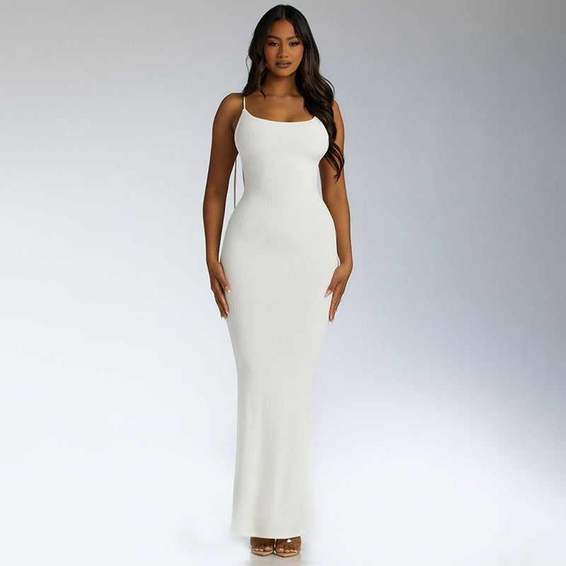 New solid color casual backless lace-up sleeveless dress