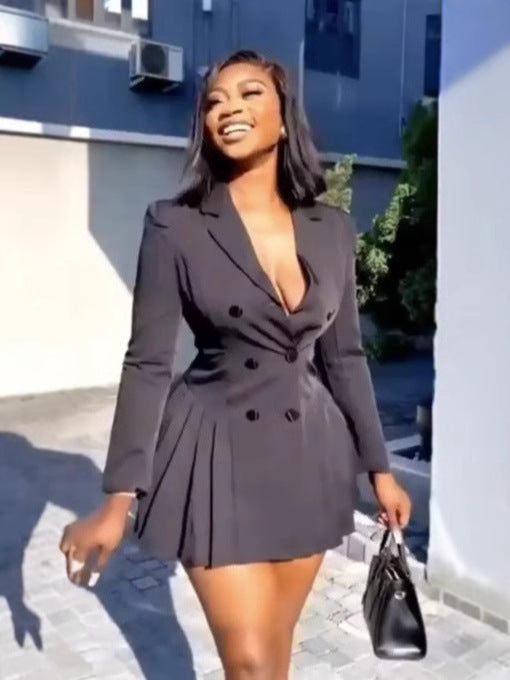 Women's Hepburn Style Black Blazer Dress with Long Sleeves