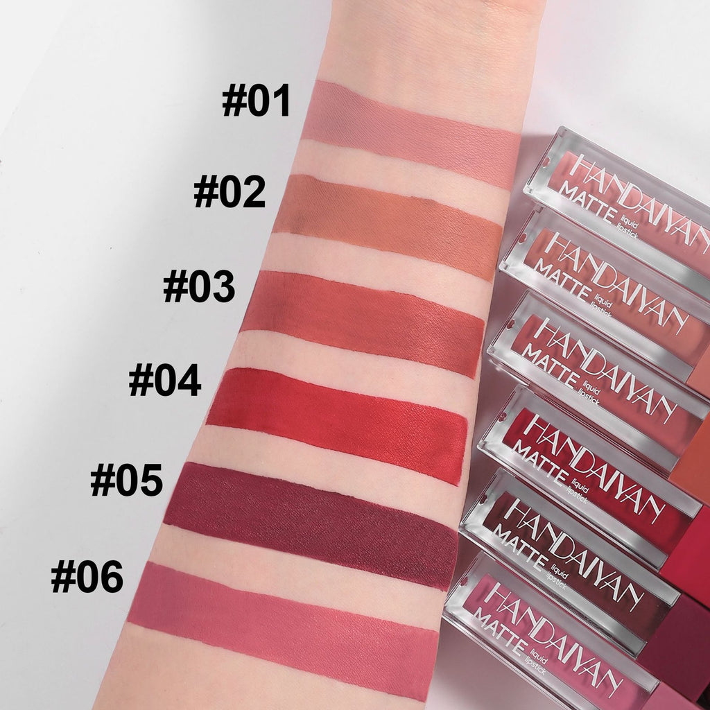 6-color square tube lip gloss set matte lipstick, lip gloss long-lasting waterproof non-stick cup handaiyan makeup