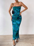 Mesh Floral Ruffle Bandeau Slit Long Skirt
