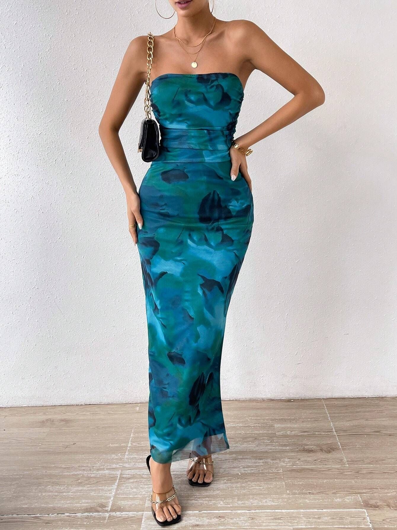 Mesh Floral Ruffle Bandeau Slit Long Skirt