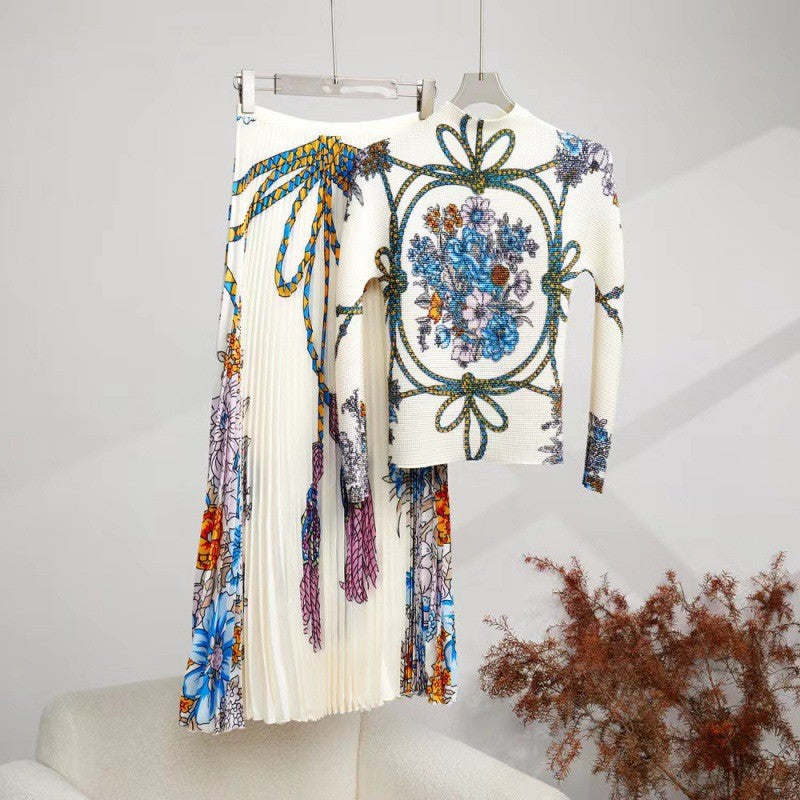 Autumn Women's Fashion Pleated Top & Skirt Set