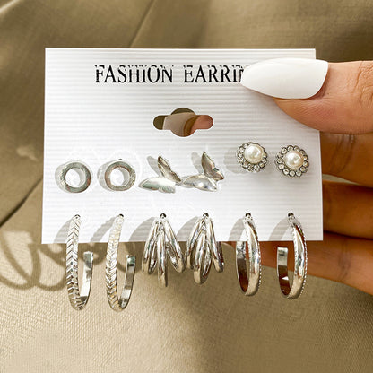 Set Pearl Crystal Stud Earrings