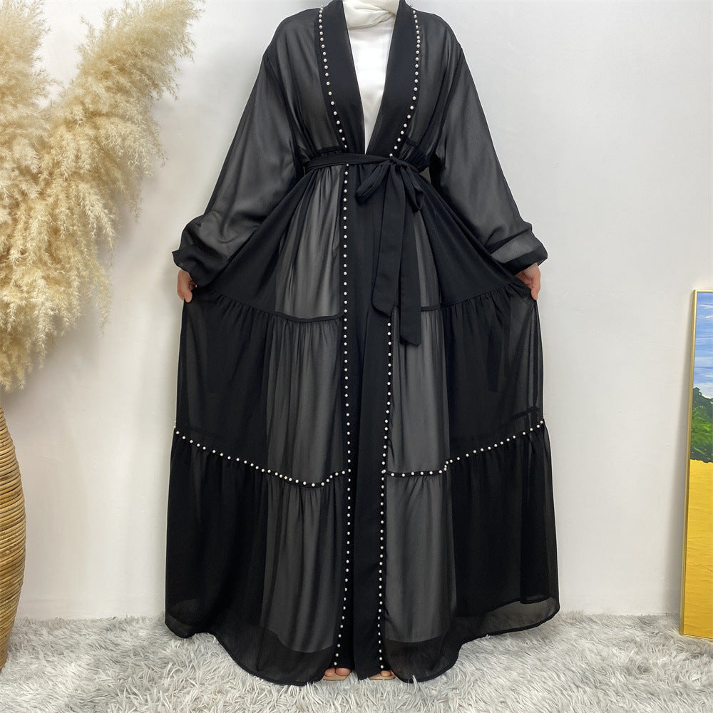 Elegant Beaded Chiffon Lace-Up Cardigan Robe
