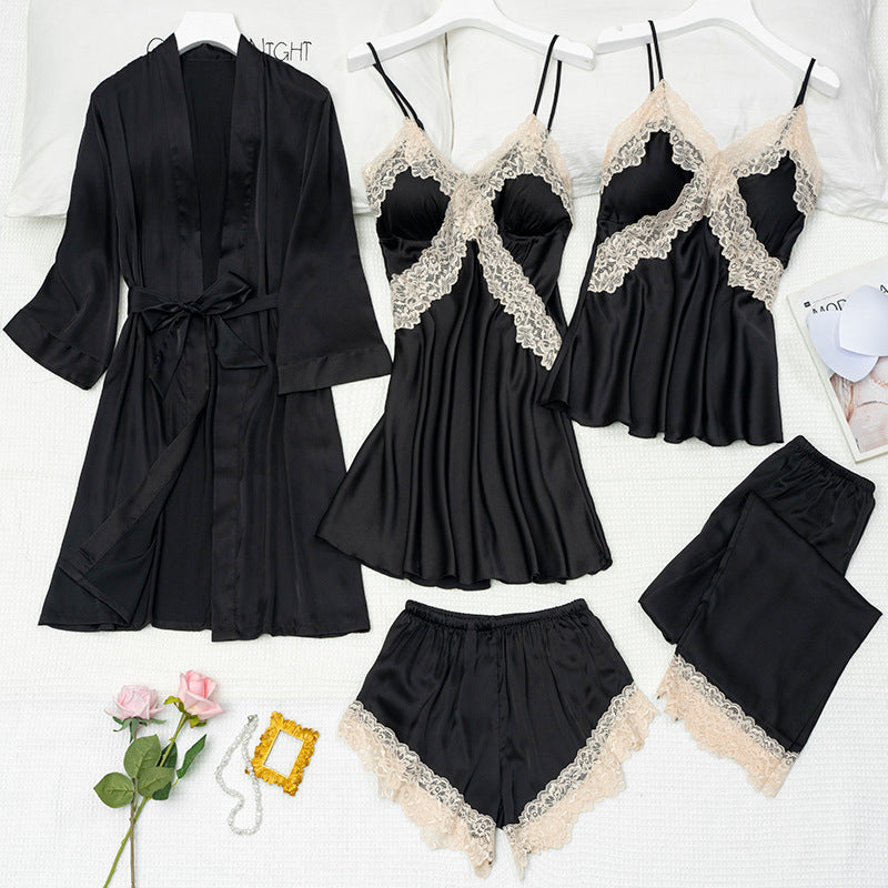 Women's Ice Silk 5-Piece Pajama Set – Sexy Cami Nightdress & Loungewear