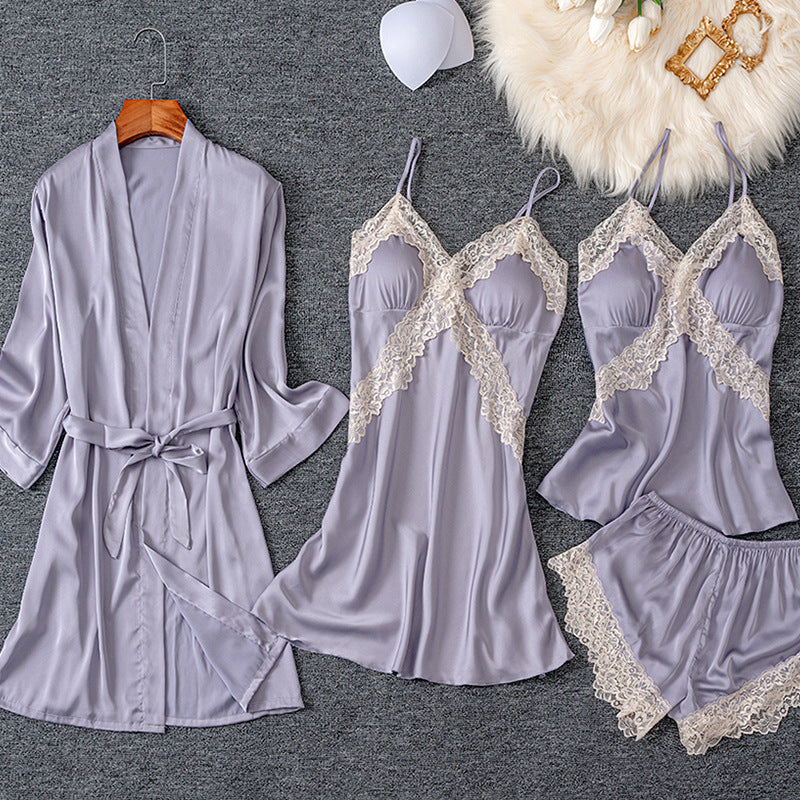 Women's Ice Silk 5-Piece Pajama Set – Sexy Cami Nightdress & Loungewear