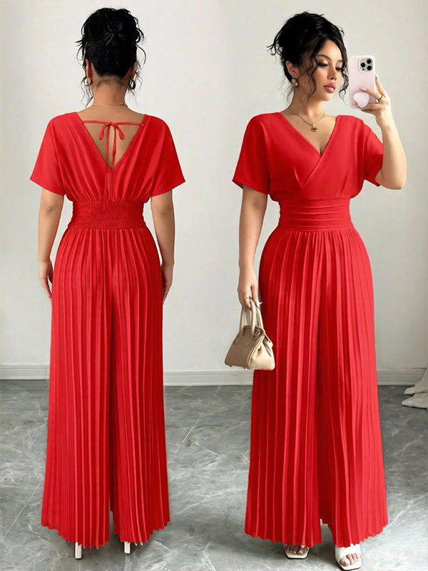 Women’s Elegant V-Neck Pleated Jumpsuit – Solid Color Waist-Cinching Short Sleeve Romper