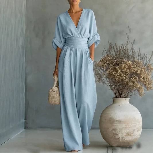 Womens Elegant V-Neck Waist-Slimming Jumpsuit