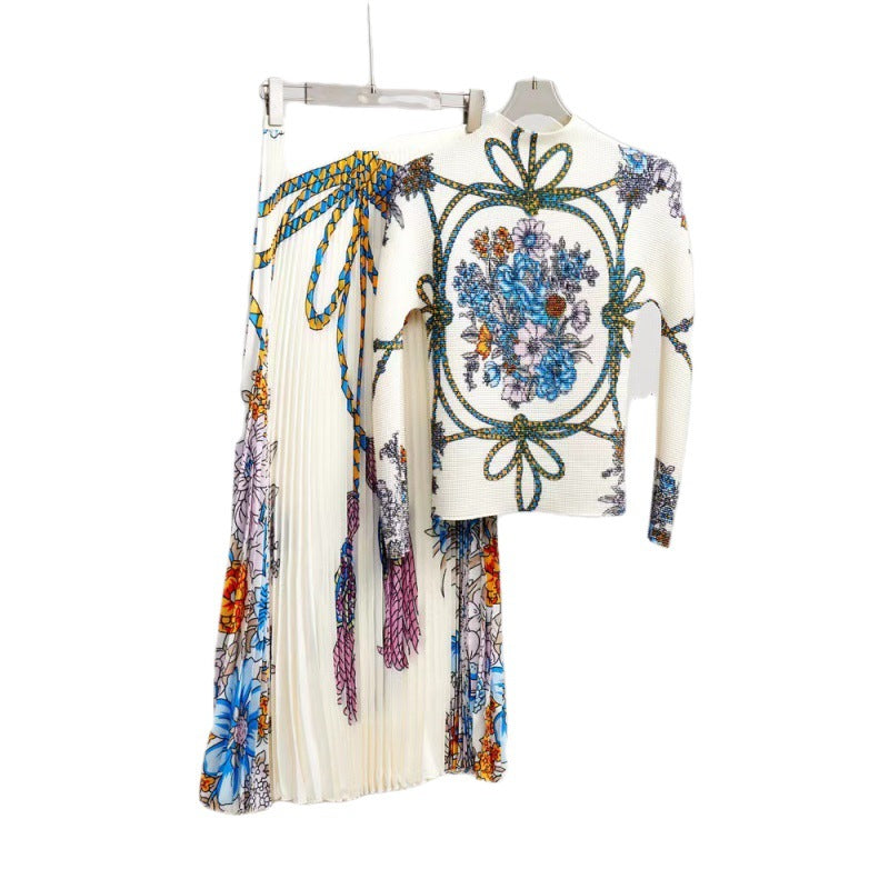 Autumn Women's Fashion Pleated Top & Skirt Set