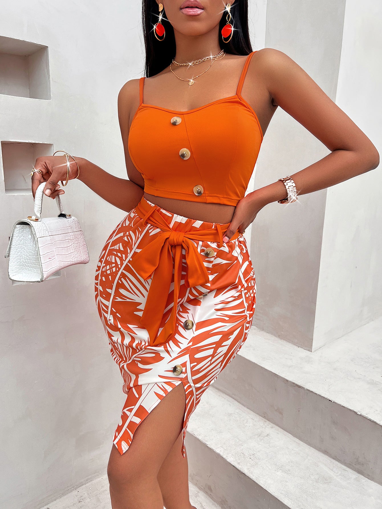 Summer Sexy Casual Women's Printed Waistless Sleeveless Slim Skirt Set