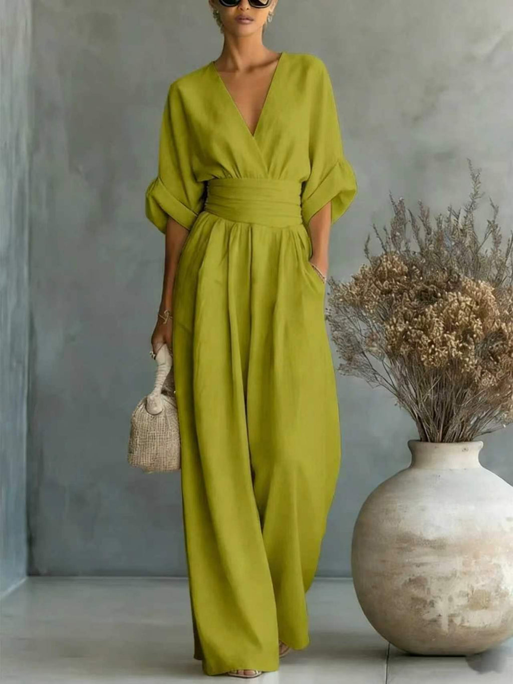 Womens Elegant V-Neck Waist-Slimming Jumpsuit