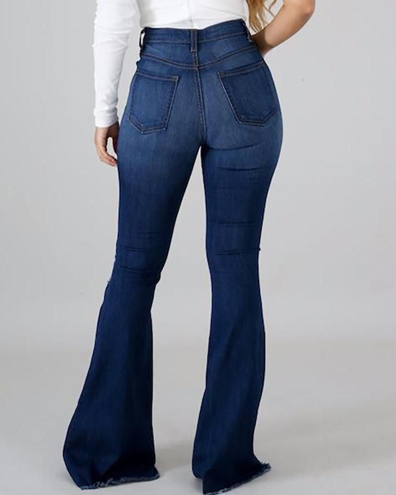 High-elastic ripped, high-waisted flared jeans