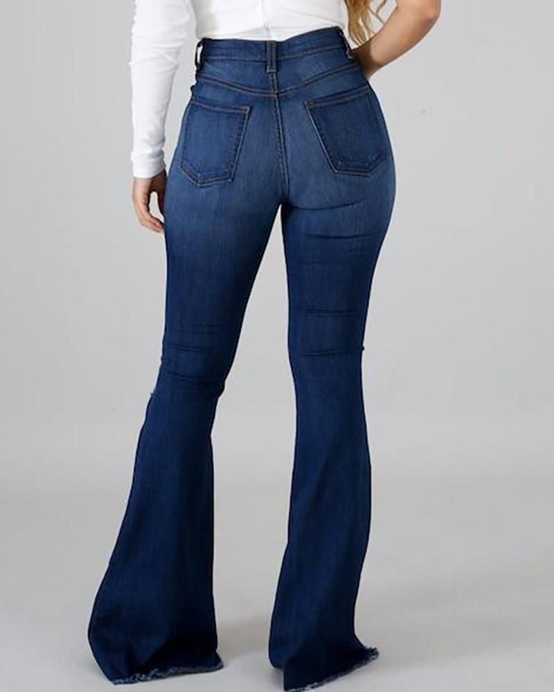 High-elastic ripped, high-waisted flared jeans