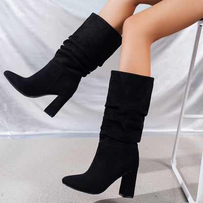 Pleated high-heeled block boots