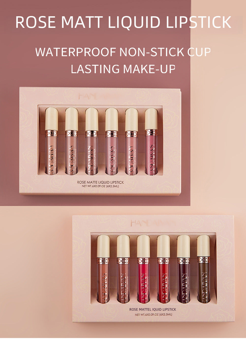 HANDAIYAN 6-Pack Matte Rose Lip Gloss Nude Lipstick, Non-stick Cup Velvet Lip Stain Set