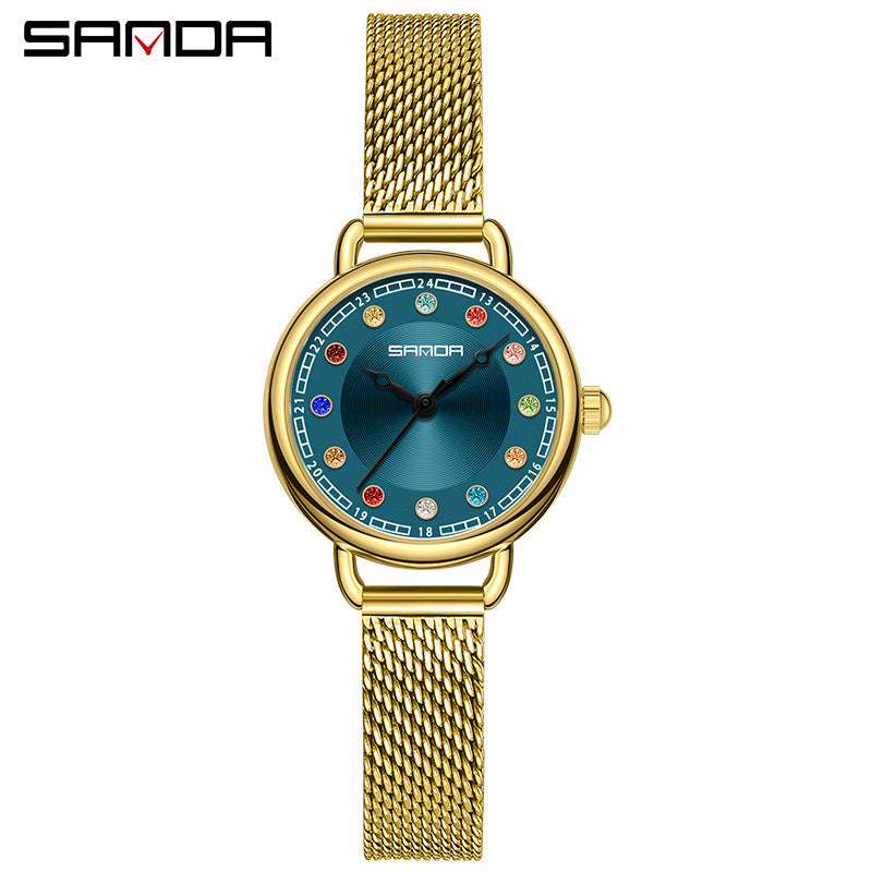 Elegant Malachite Quartz Watch with Crystal Stones - Luxury Women's