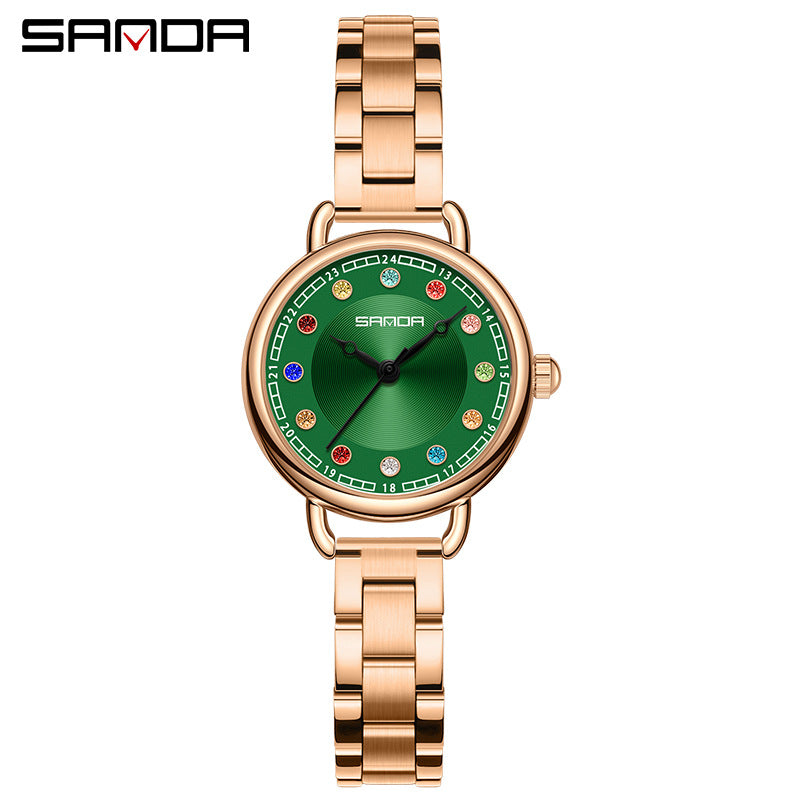Elegant Malachite Quartz Watch with Crystal Stones - Luxury Women's