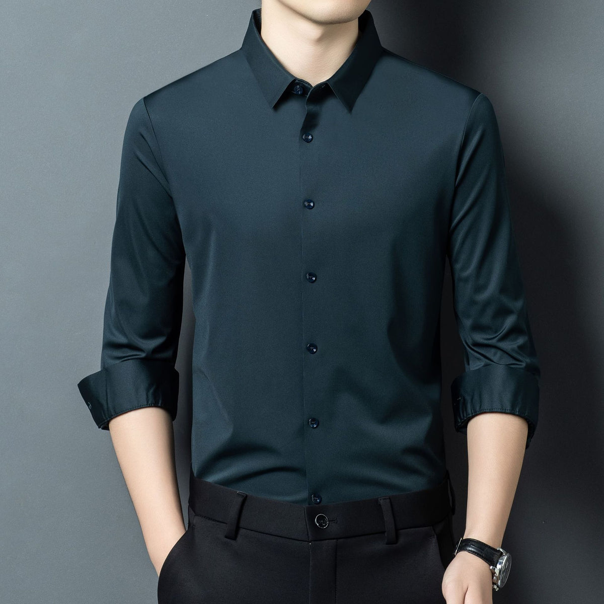Mens Stretch Ice Silk Long-Sleeve Shirt