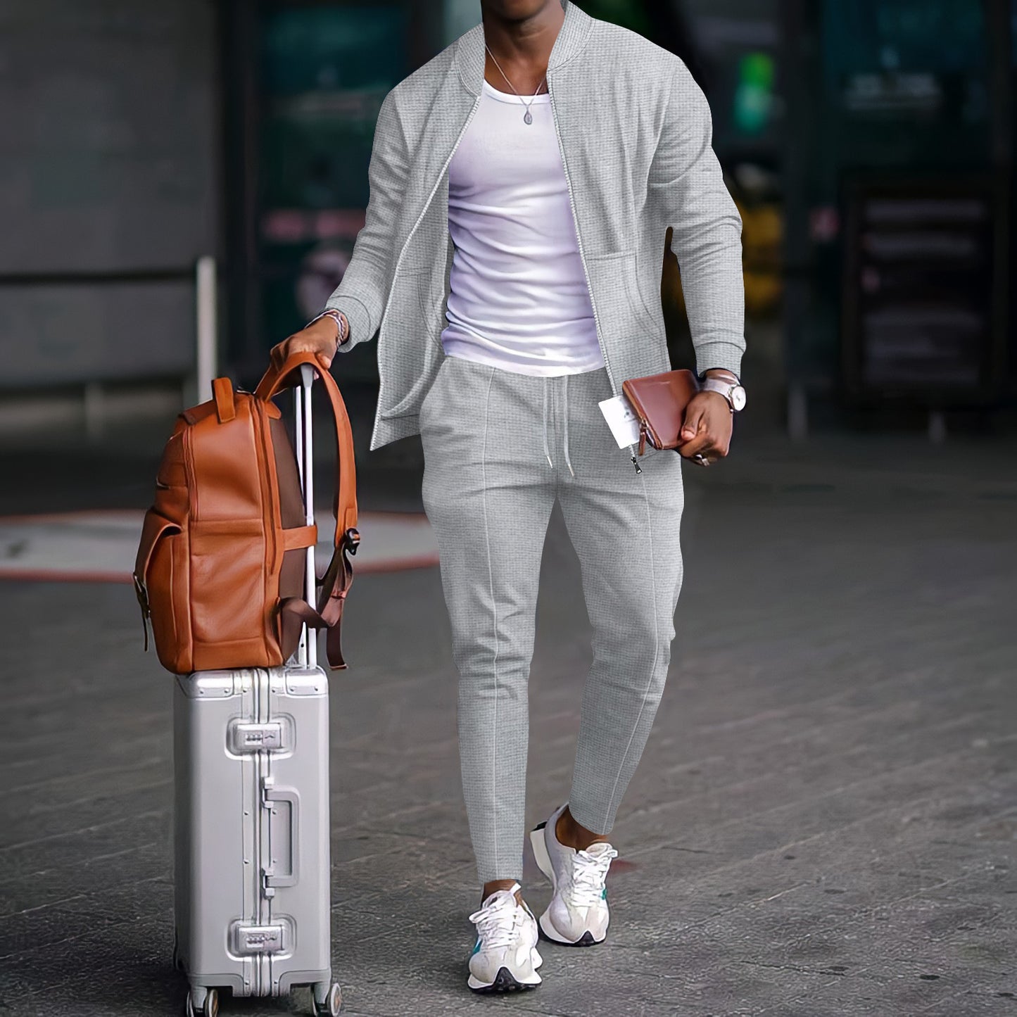 Men's Waffle Knit Baseball Jacket Set