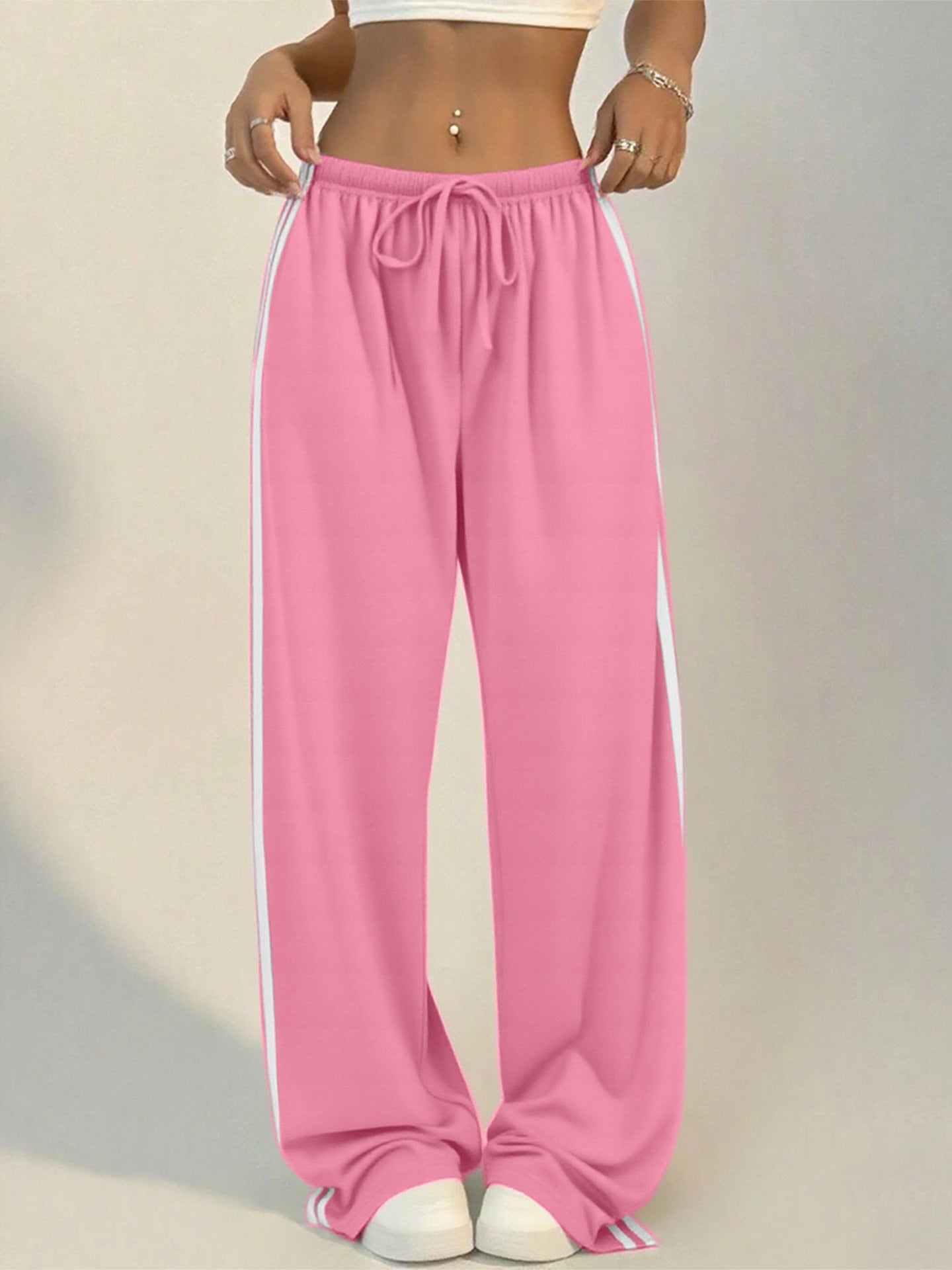 Women's Wide-Leg Striped Slacks with Drawstring Waist