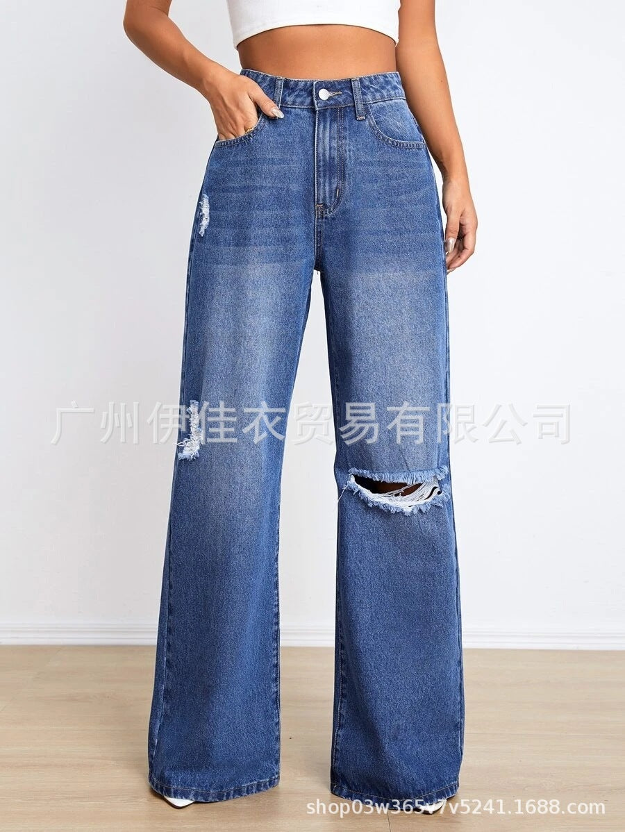 High-waisted ripped, wide-leg pants