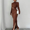 Solid Color Knitted Slit Skirt Suit