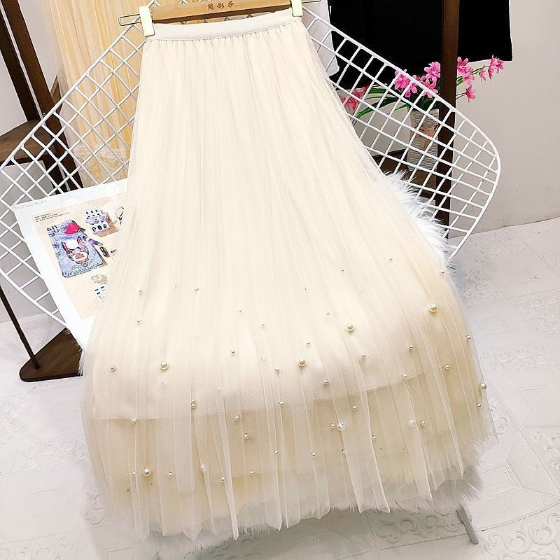 Beaded Mesh Midi Skirt