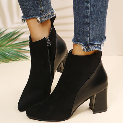 New Block Heel Side Zipper Boots Stylish Pointed Toe