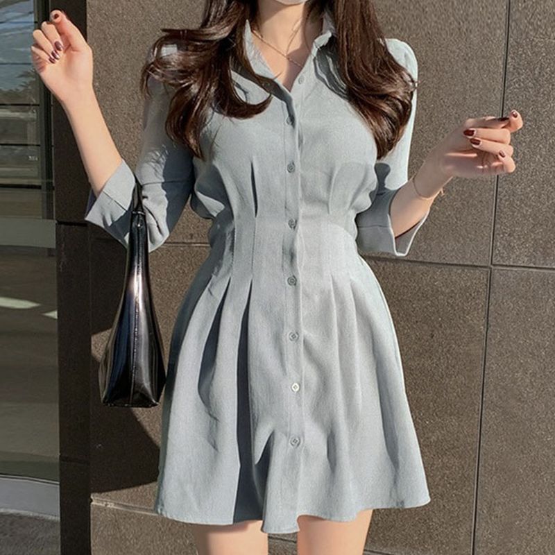 Elegant Puff Sleeve A-Line Shirt Dress