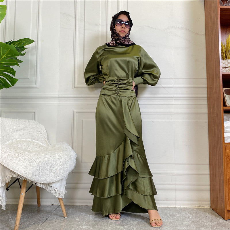 Elegant Satin Button-Down Shirt & Layered Skirt Set