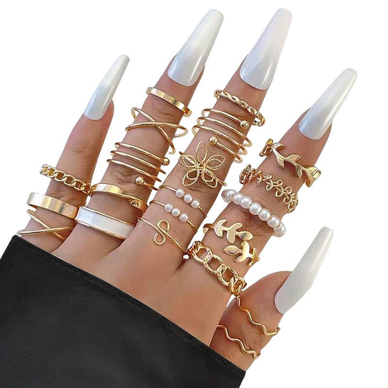 22-Piece Butterfly, Pearl, and Geometric Ring Set