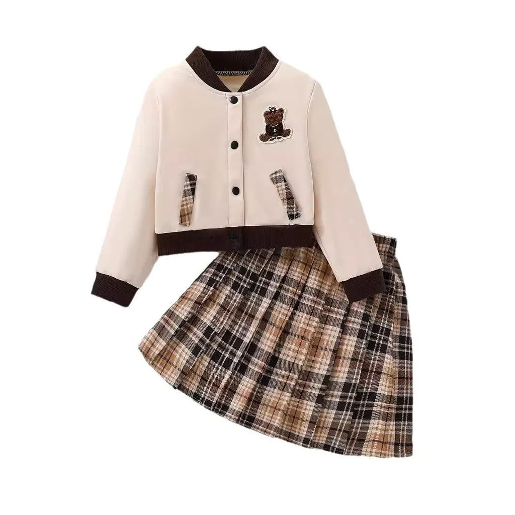 Bear-Embroidered Jacket & Plaid Skirt Set